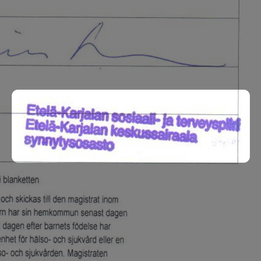 A stamp in a finnish birth certificate before translation